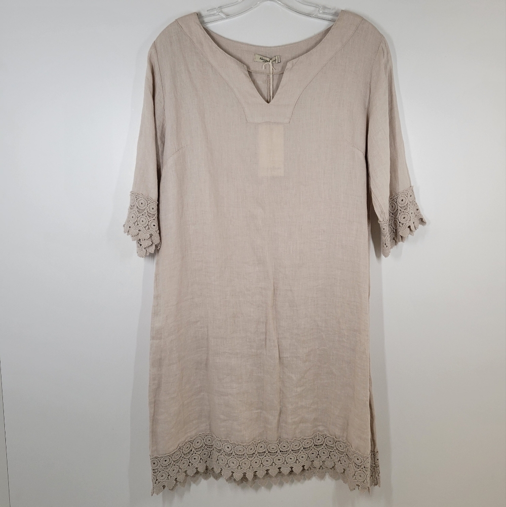 Alessia Pacini Cream Beige 100% Linen Lace Tunic Dress Made In Italy NWT Size S
